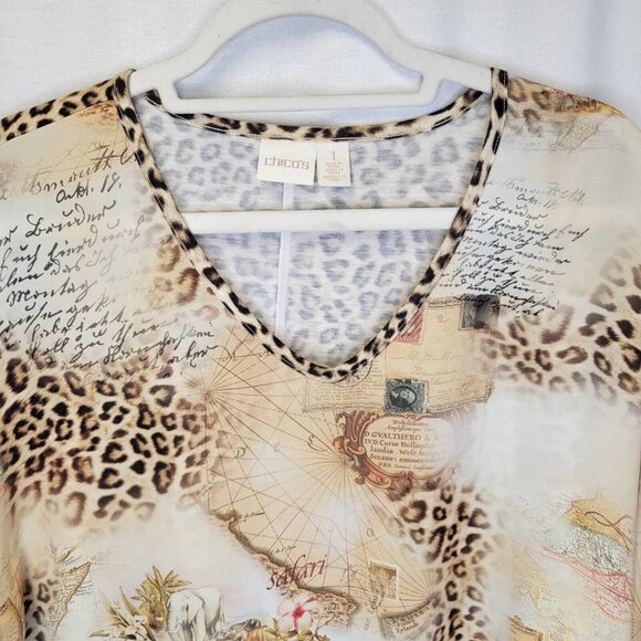 Chico's Women's Size 1 Shirt Top Safari Animal Print Tie Waist Cold Shoulder - Picture 3 of 6